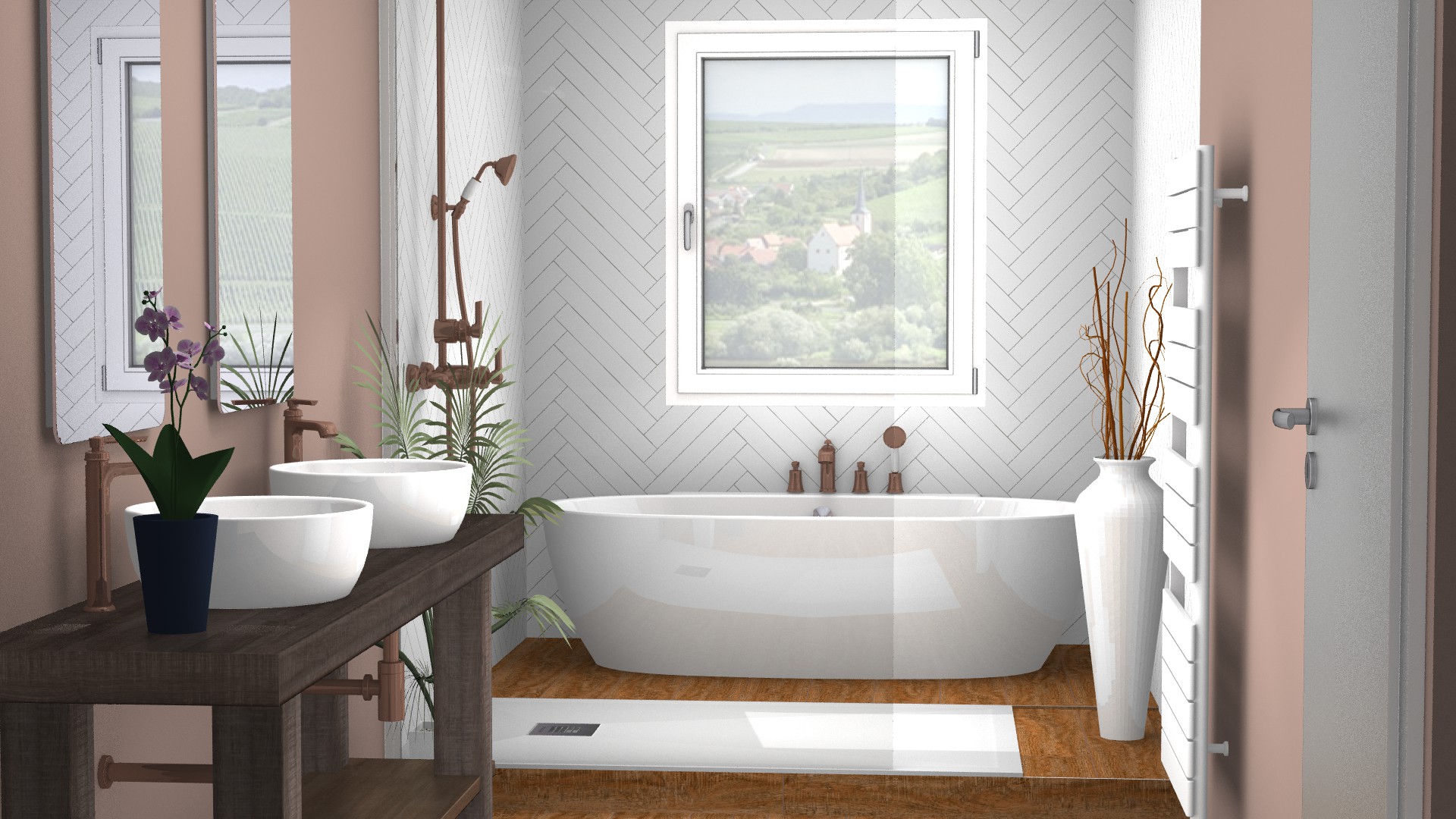 renovation-salle-bain-3d-douche-baignoire-bois-laiton-cuivre-boheme-chic-poitiers Renovation salle de bain douche loft industriel noir bois vasque 3D par bainiste S2ED Poitiers 86