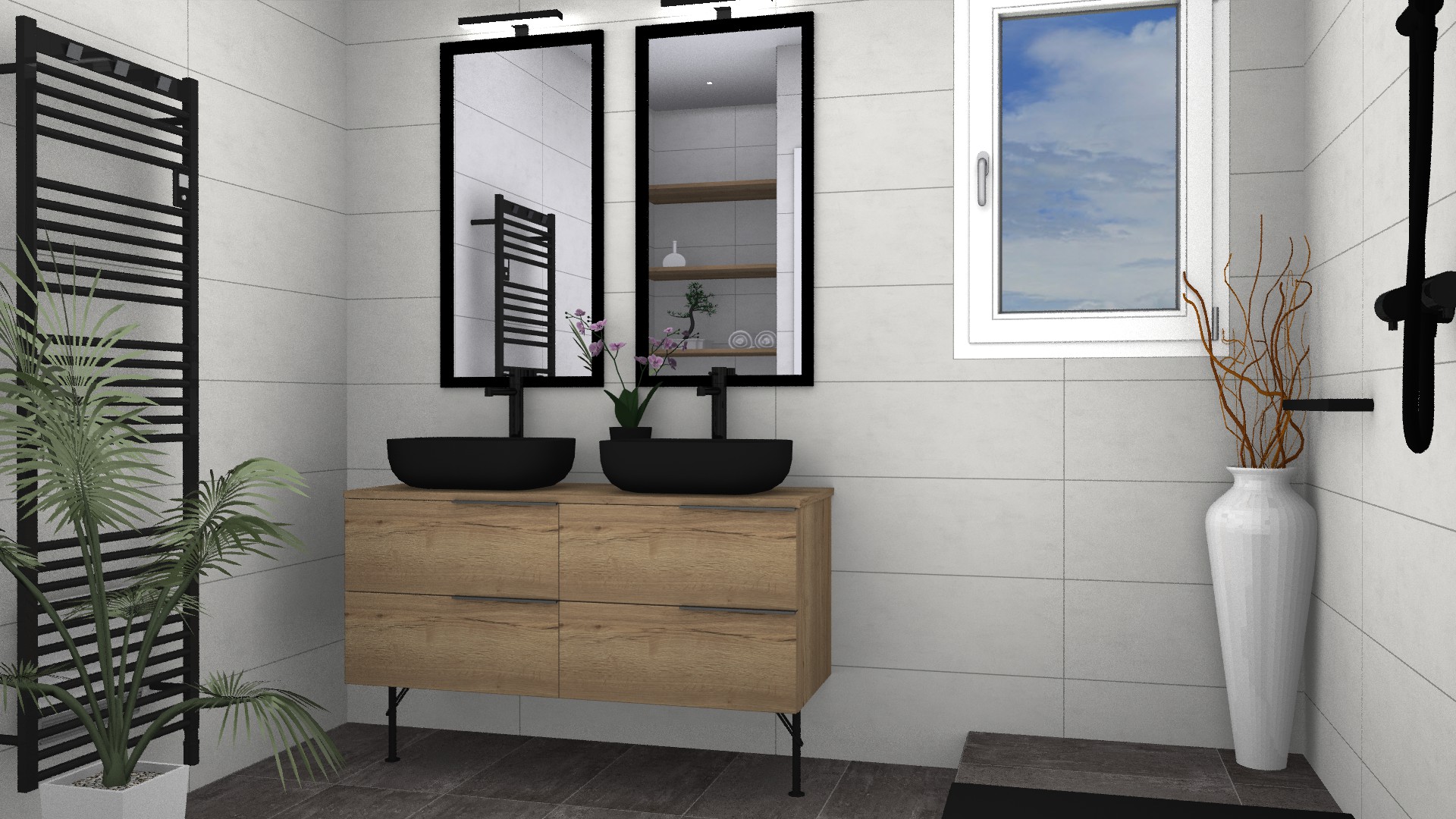 renovation-salle-bain-loft-industriel-3d-noir-mobilier-vasque-noir Renovation salle de bain douche loft industriel noir bois vasque 3D par bainiste S2ED Poitiers 86